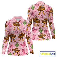 Load image into Gallery viewer, Personalized Women’s Western Polo Shirt Retro Pink Cowgirl Cartoon Pattern Custom Name