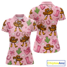 Load image into Gallery viewer, Personalized Women’s Western Polo Shirt Retro Pink Cowgirl Cartoon Pattern Custom Name