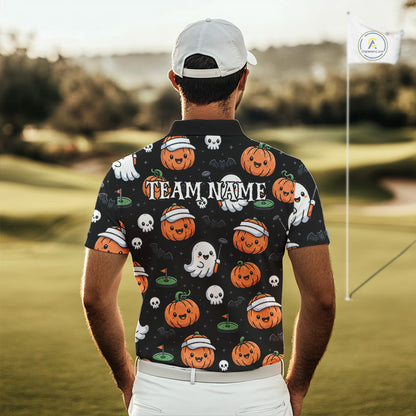 A man viewed from behind wearing a black short-sleeve polo shirt with a Halloween-themed print of pumpkins, ghosts, and skulls, standing on a golf course. The shirt features a customizable 'TEAM NAME' print on the back.