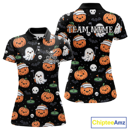 Black short-sleeve polo shirt with a Halloween-themed print featuring orange pumpkins, white ghosts, skulls, bats, and green golf balls on a white background, shown in front and back views with customizable text.