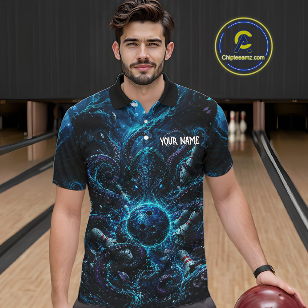 Man wearing a blue and black patterned polo shirt with 'Your Name' text, holding a bowling ball in a bowling alley.