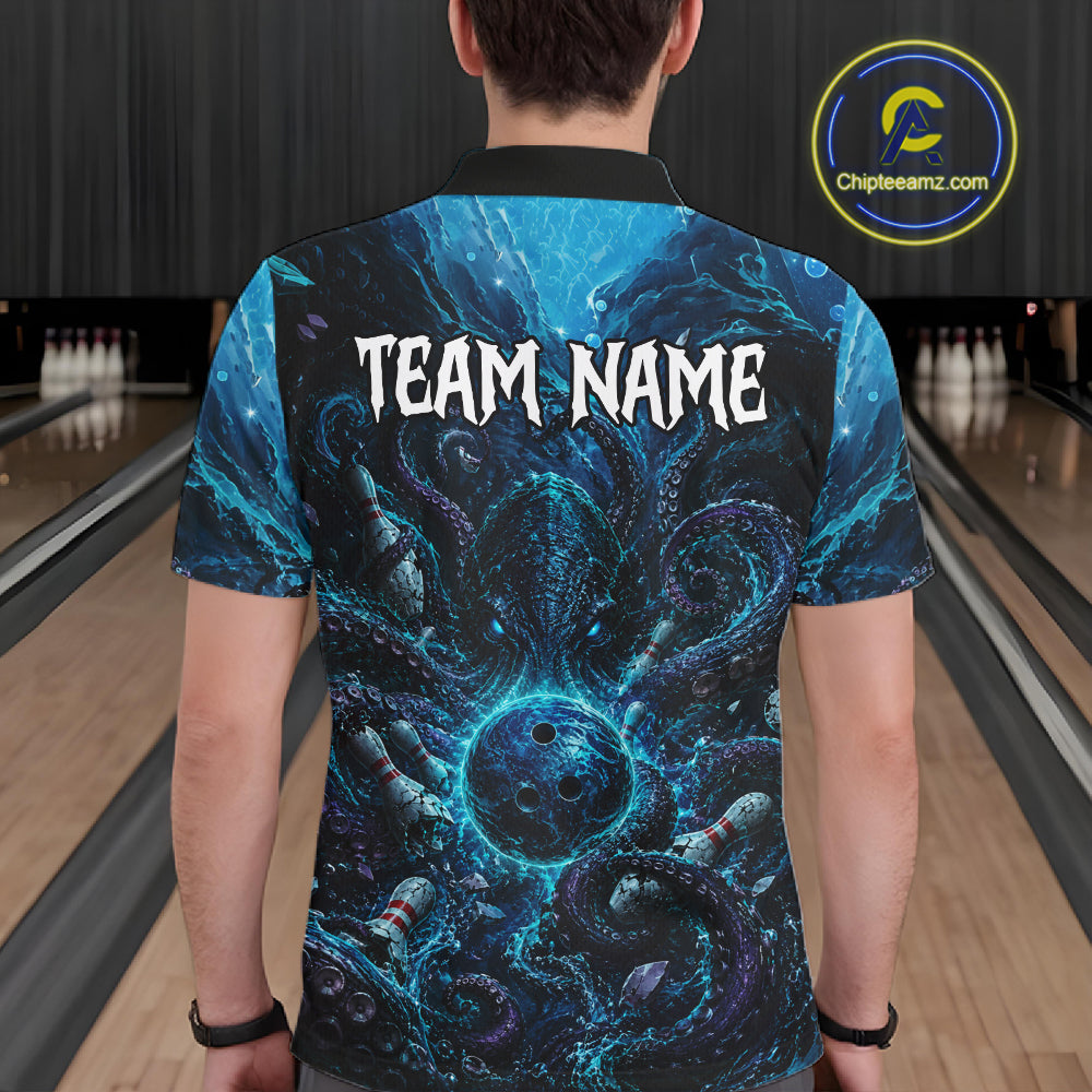 Person wearing a blue and black bowling shirt with 'TEAM NAME' on the back in a bowling alley.