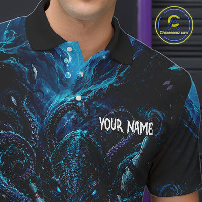 Person wearing a black and blue marbled shirt with 'Your Name' text, brand logo visible.
