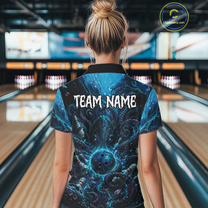 Woman wearing a blue patterned bowling shirt with 'Your Name' text in a bowling alley.