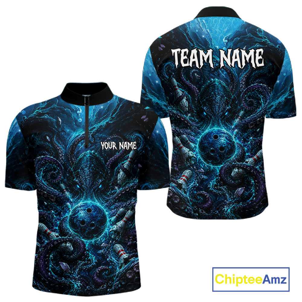 Bowling shirt with blue and black design, 'Team Name' and 'Your Name' text on a white background.