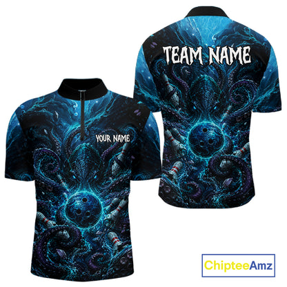 Bowling shirt with blue and black design, 'Team Name' and 'Your Name' text on a white background.