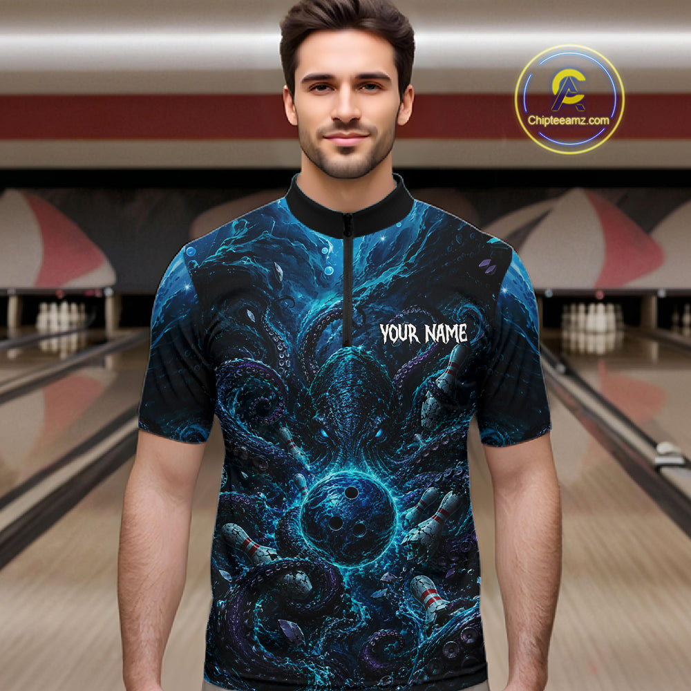 Custom Blue Kraken Bowling Jersey For Men Bowling Team Shirts Bowling League Polo & 1/4 Zip NHT1149