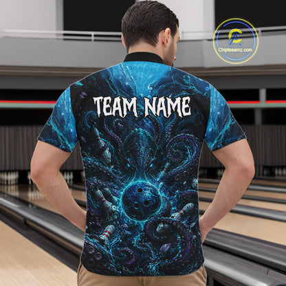 Person wearing a blue and black bowling shirt with 'TEAM NAME' on the back in a bowling alley.
