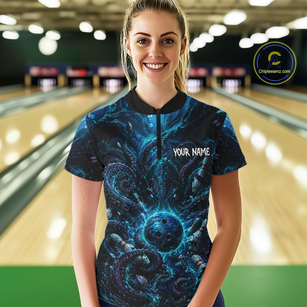 Woman wearing a custom bowling shirt with 'Your Name' on a bowling alley background