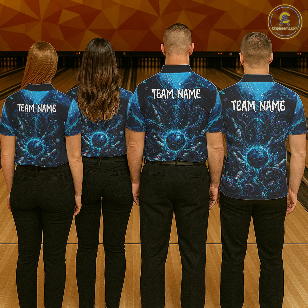 Custom Blue Kraken Bowling Jersey For Men Bowling Team Shirts Bowling League Polo & 1/4 Zip NHT1149