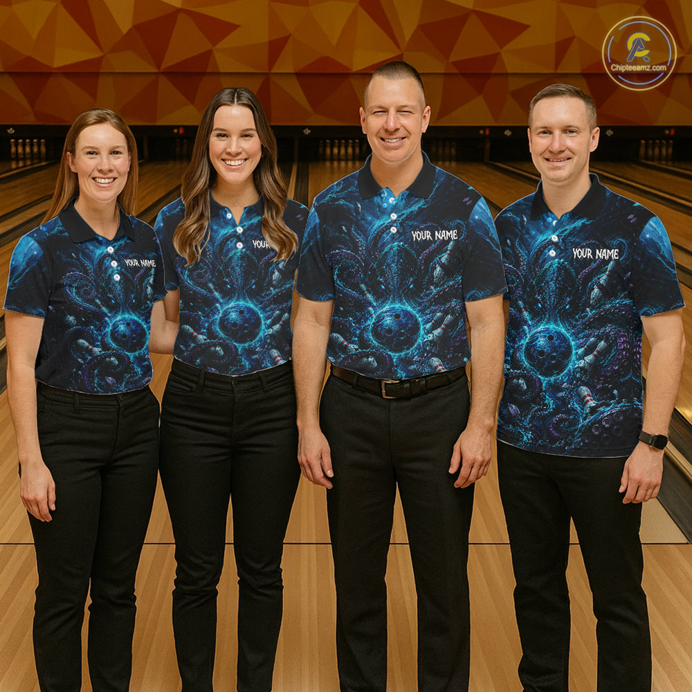Custom Blue Kraken Bowling Jersey For Men Bowling Team Shirts Bowling League Polo & 1/4 Zip NHT1149