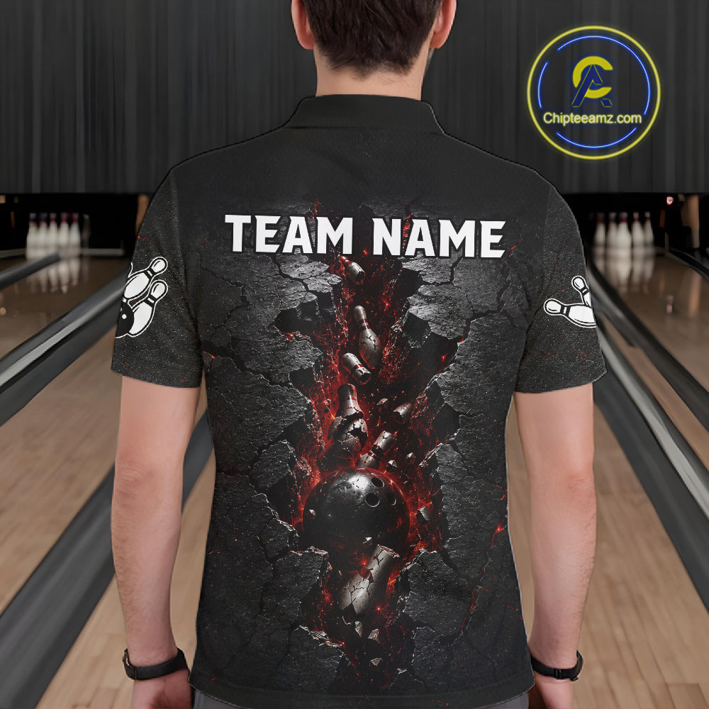 Person wearing a black shirt with a graphic design and 'TEAM NAME' text in a bowling alley.