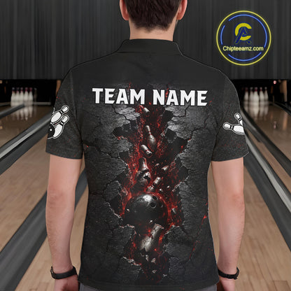 Person wearing a black shirt with a graphic design and 'TEAM NAME' text in a bowling alley.
