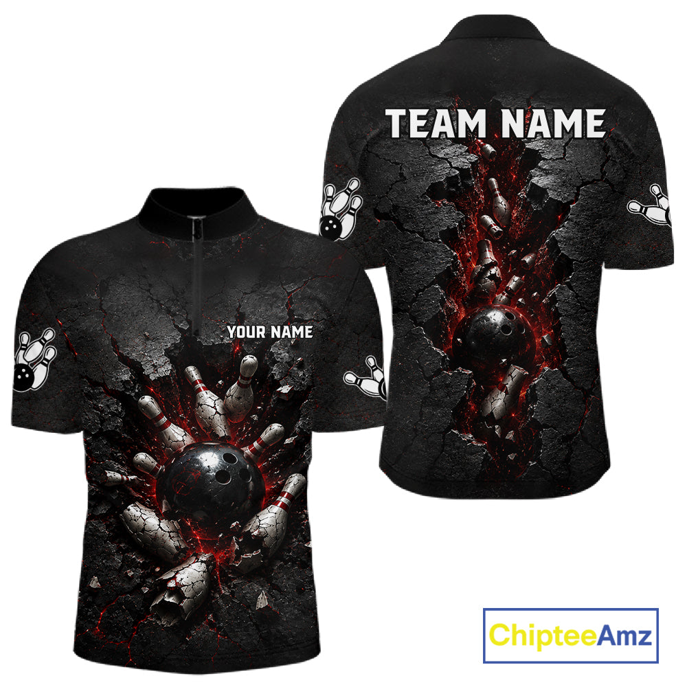 Black bowling shirt with red and white design cracked , customizable text on a white background