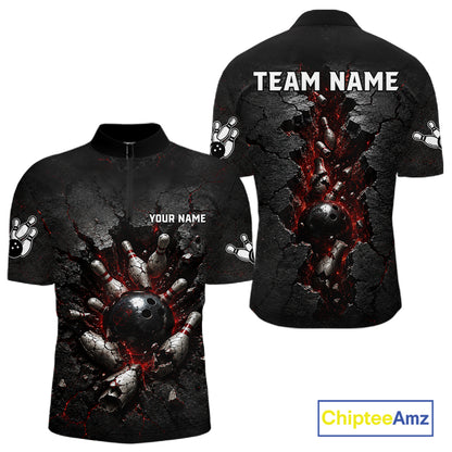 Black bowling shirt with red and white design cracked , customizable text on a white background