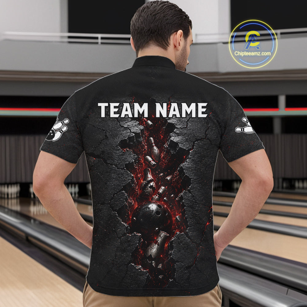 Man wearing a black bowling shirt with 'TEAM NAME' on the back in a bowling alley.