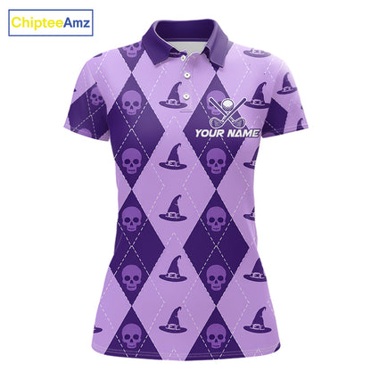 A purple and lavender short-sleeve polo shirt with a Halloween-themed argyle pattern featuring skulls and witch hats. The shirt has a custom name and golf ball graphic on the left chest, and a 'ChipteeAmz' logo in the top-left corner.