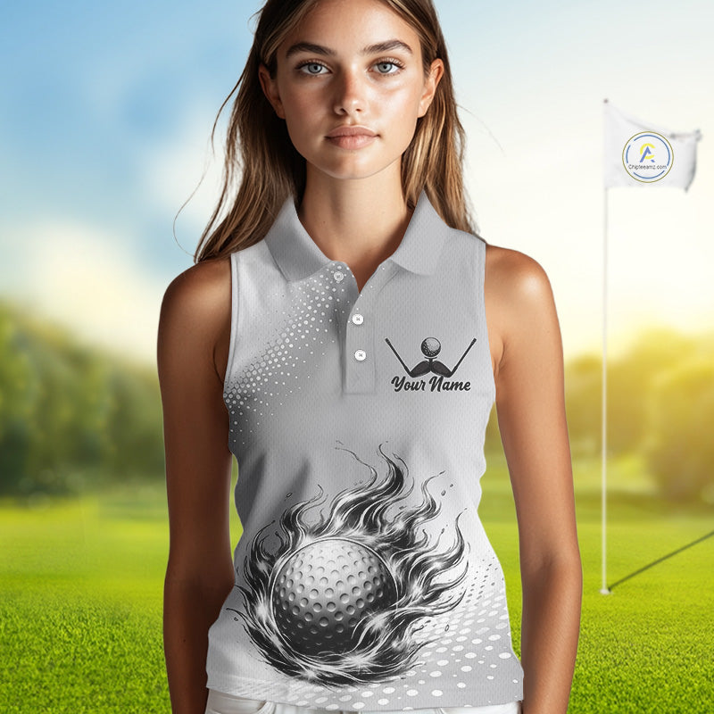 Personalized Flaming Golf Ball Sleeveless Polo Shirt Gray Fire Design Custom Name Golf Shirts For Team NHT619