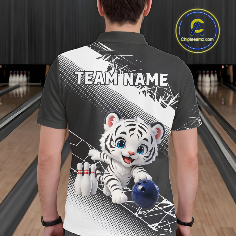 Person wearing a bowling-themed shirt with a tiger design and 'Team Name' text in a bowling alley.
