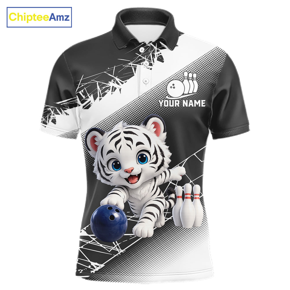 Custom White Black Cute Tiger Personalized Bowling Polo & Quarter-Zip Shirt For Men 