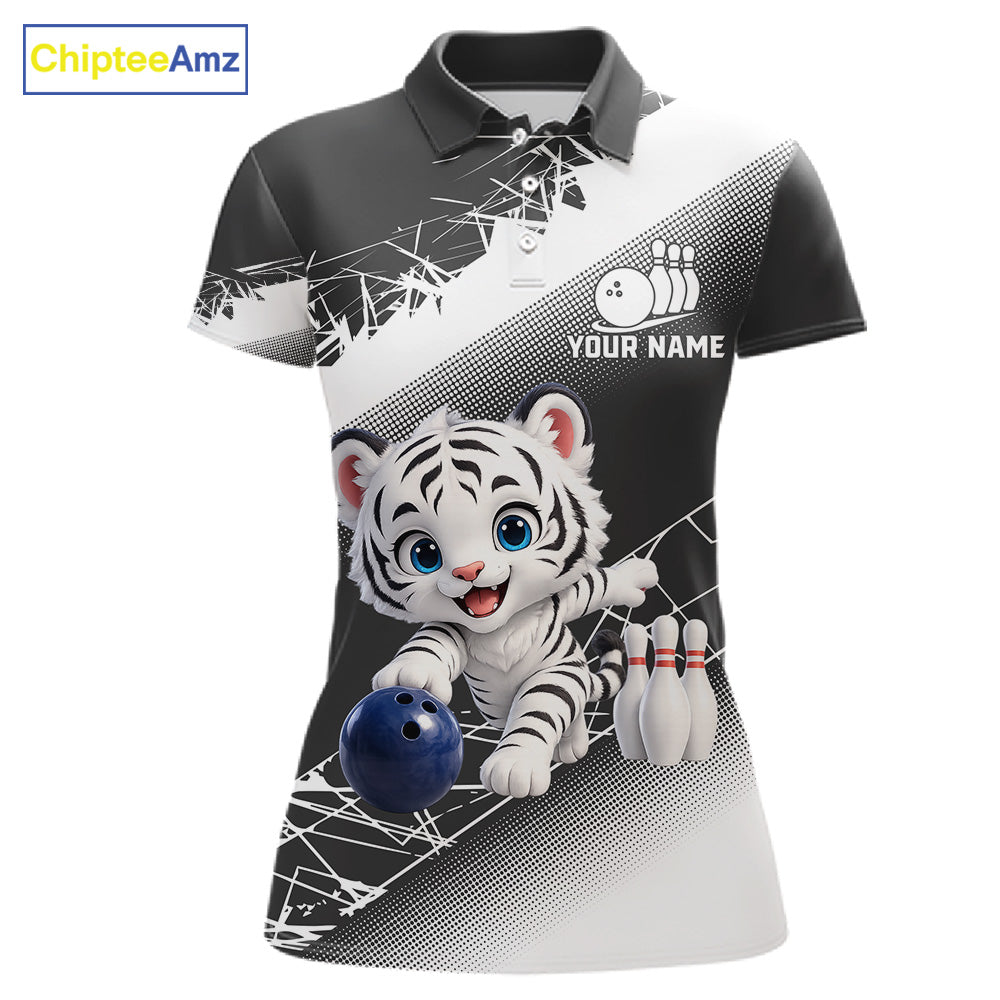 Custom White Black Cute Tiger Personalized Bowling Polo & Quarter-Zip Shirt For Women 