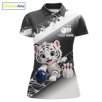 Custom White Black Cute Tiger Personalized Bowling Polo & Quarter-Zip Shirt For Women 