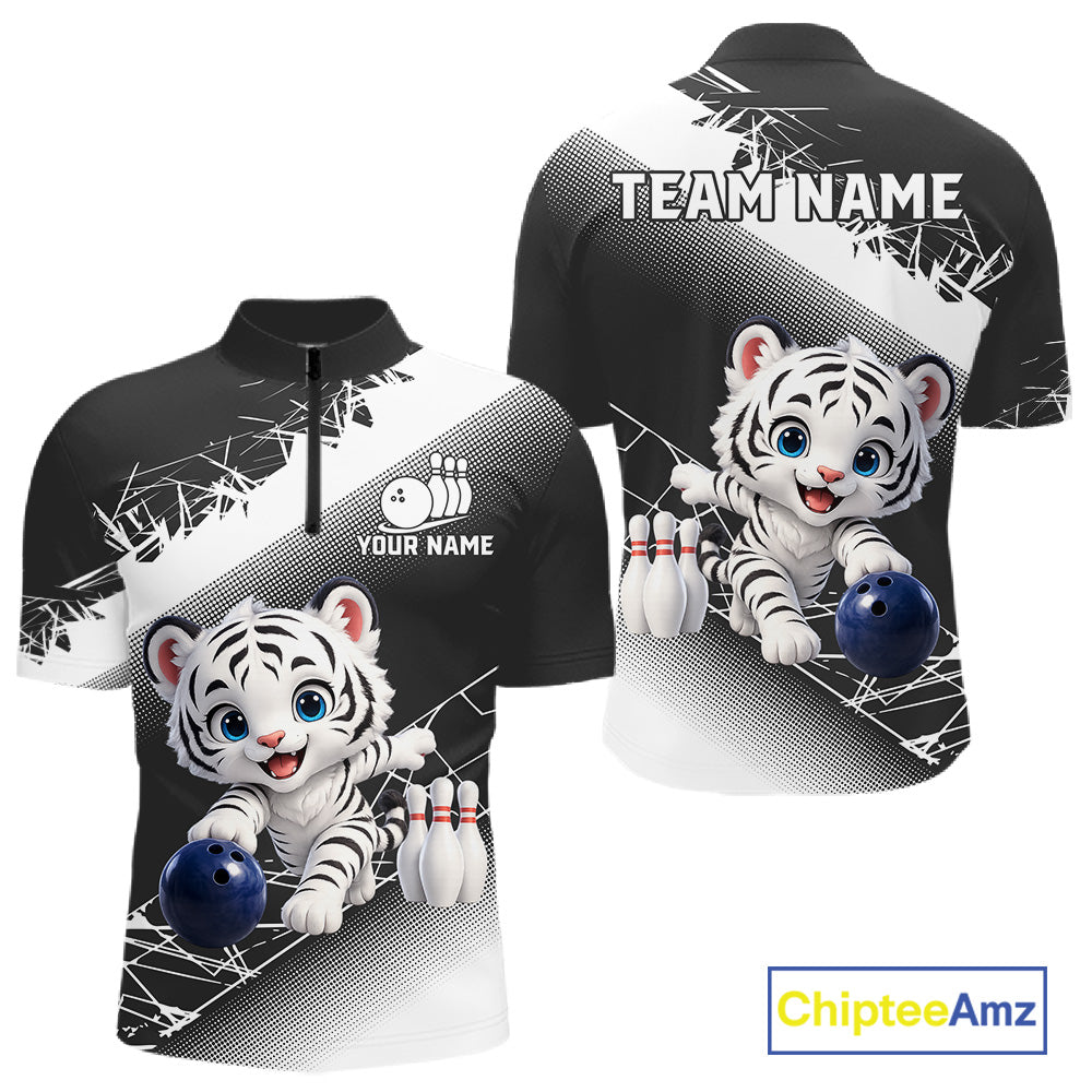 Customizable bowling shirt with a tiger design and space for team name and player name, featuring Chiptee Amz branding.