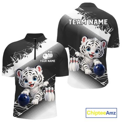Customizable bowling shirt with a tiger design and space for team name and player name, featuring Chiptee Amz branding.