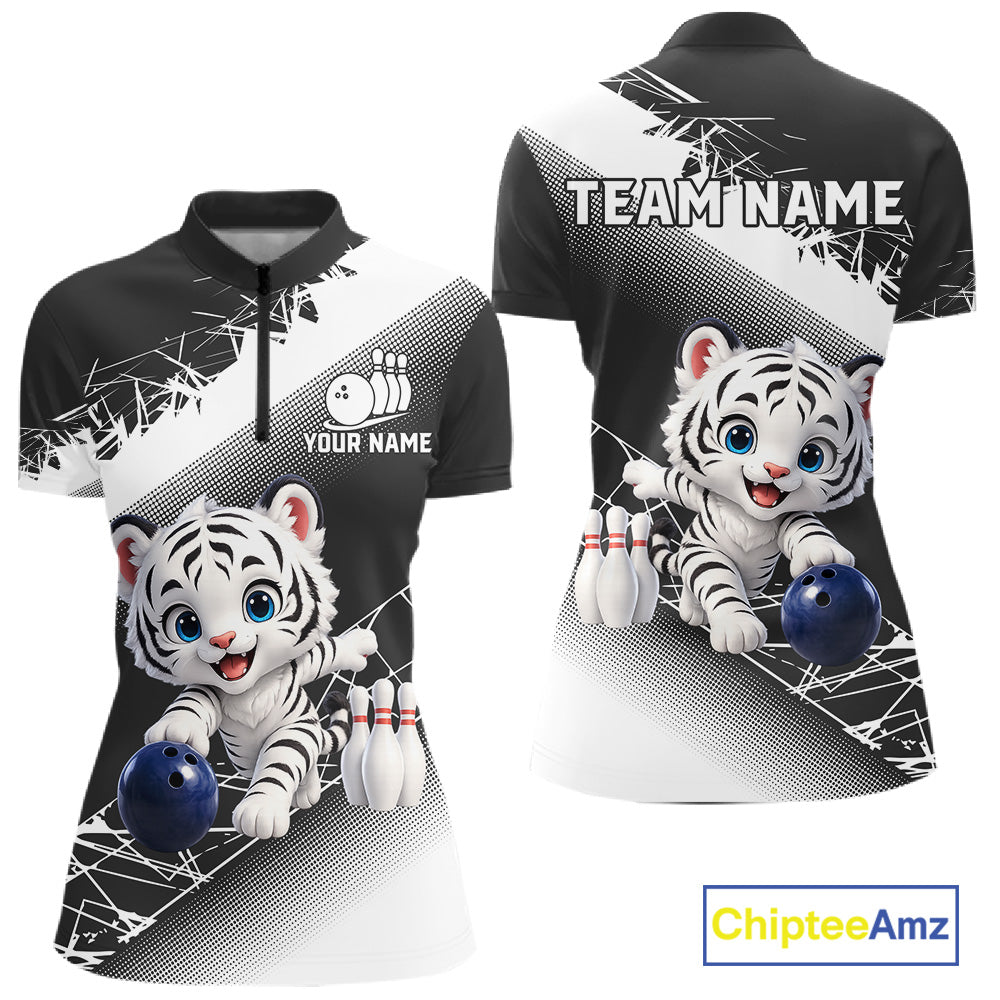 Black and white polo shirt with cartoon tiger design and 'Your Name' text on a white background.