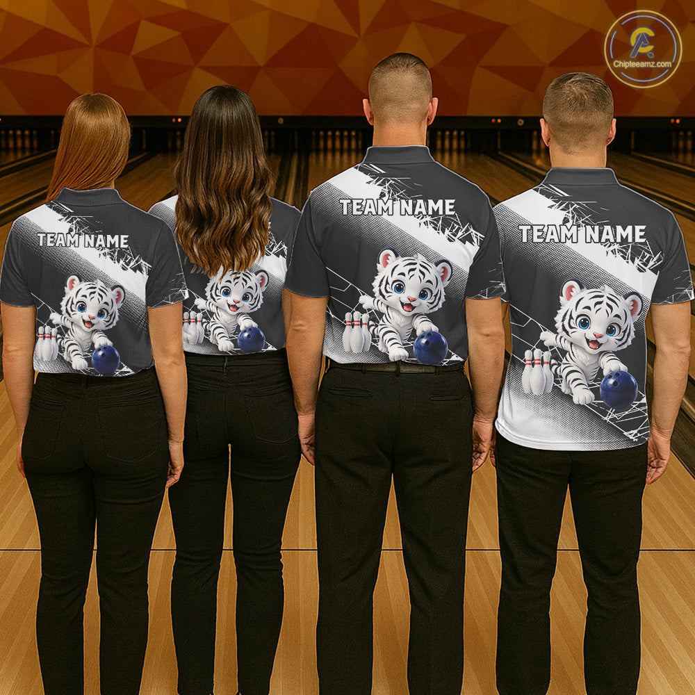 Custom White Black Cute Tiger Personalized Bowling Polo & Quarter-Zip Shirt For Men NHT1160