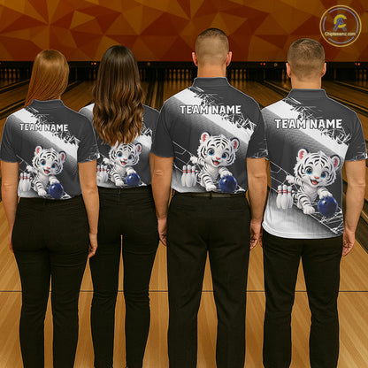 Custom White Black Cute Tiger Personalized Bowling Polo & Quarter-Zip Shirt For Men NHT1160