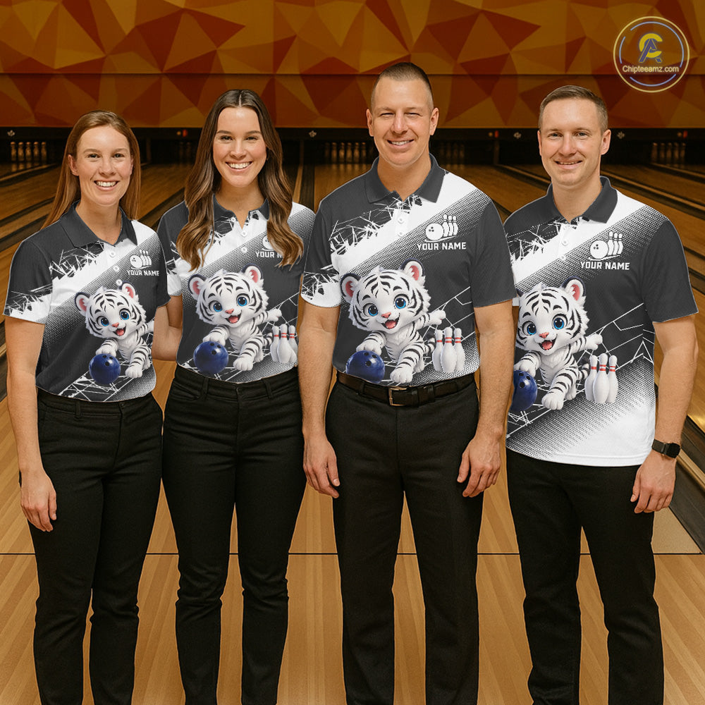 Custom White Black Cute Tiger Personalized Bowling Polo & Quarter-Zip Shirt For Men NHT1160