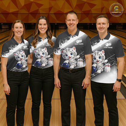 Custom White Black Cute Tiger Personalized Bowling Polo & Quarter-Zip Shirt For Men NHT1160