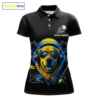 Personalized Golden Retriever Golf Shirt, Neon Blue Cyberpunk Dog Golf Polo Shirt For Womens