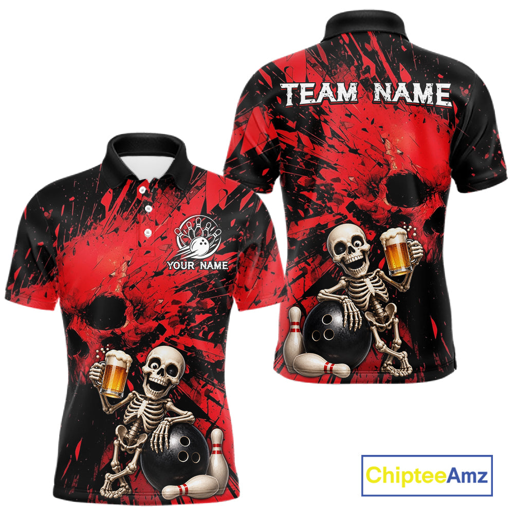 Red and black polo shirt with skeleton design and 'Team Name' text, featuring Chiptee Amz branding.