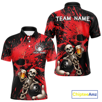 Red and black polo shirt with skeleton design and 'Team Name' text, featuring Chiptee Amz branding.