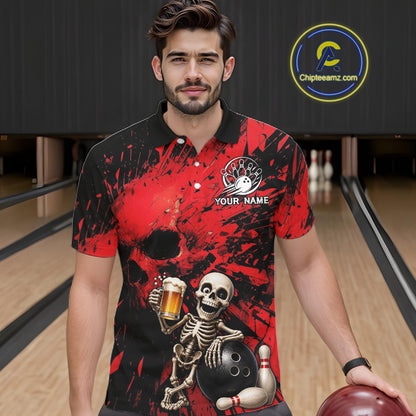 Man wearing a red and black bowling-themed shirt with a skeleton holding a beer and bowling ball in a bowling alley.