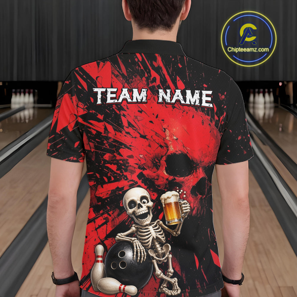 Person wearing a black and red bowling shirt with a skeleton design in a bowling alley.