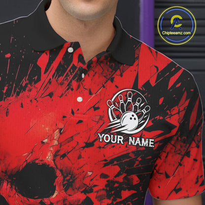 Red and black patterned polo shirt with a bowling design and 'Your Name' text, brand logo visible.