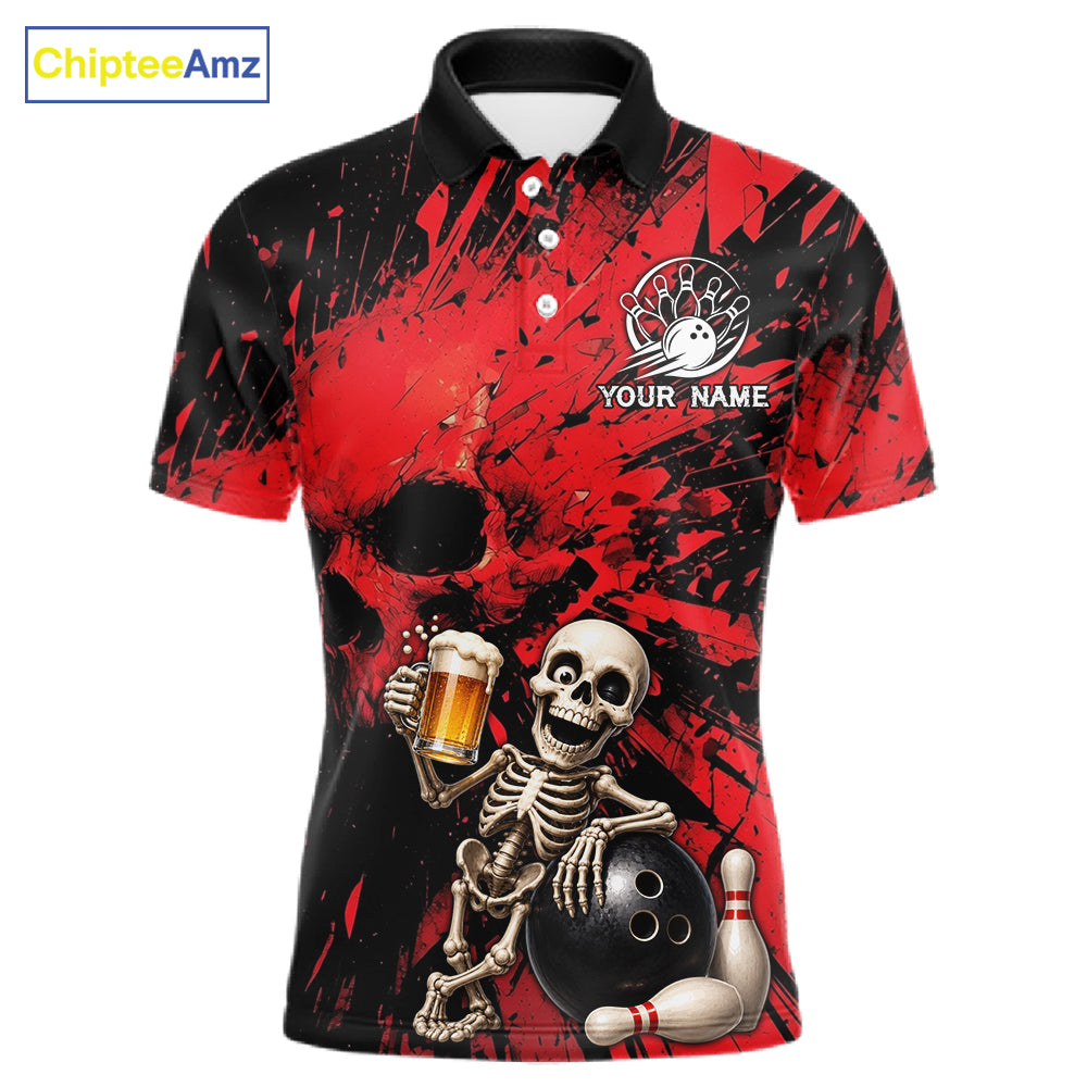 Custom Skeleton Beer Bowling Jersey, Red Splatter Skull Polo & Quarter-Zip Shirt Gift For Men 