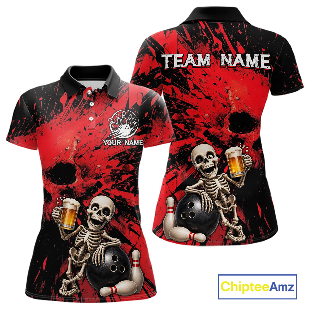 Custom Skeleton Beer Bowling Jersey, Red Splatter Skull Polo & Quarter-Zip Shirt Gift For Women 