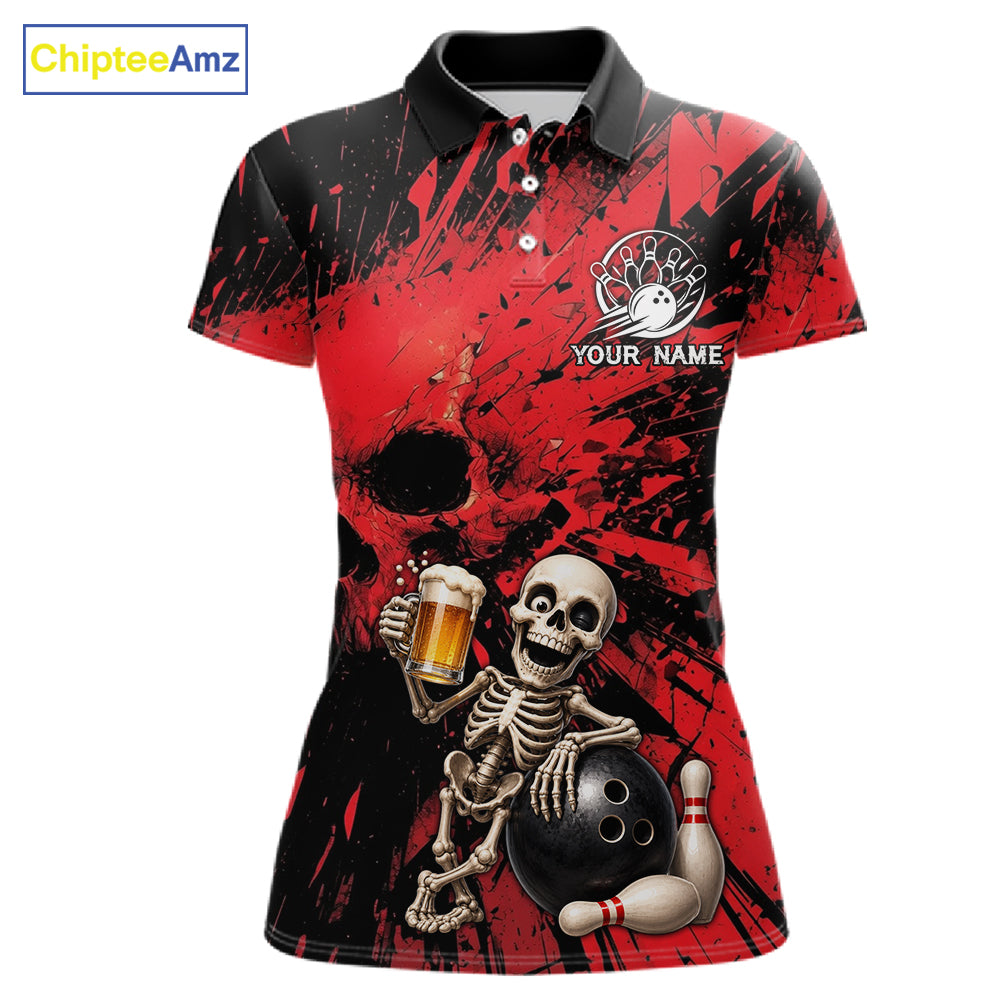 Custom Skeleton Beer Bowling Jersey, Red Splatter Skull Polo & Quarter-Zip Shirt Gift For Women 