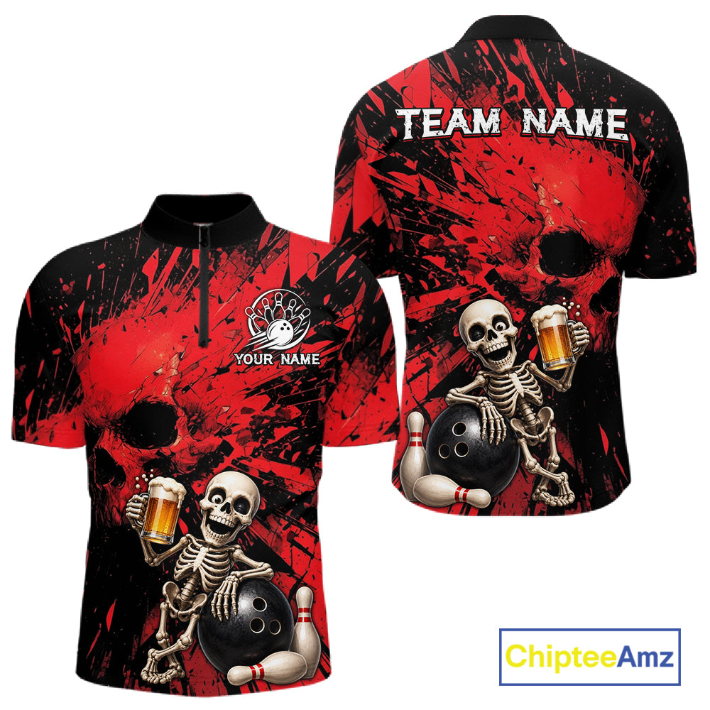 Red and black bowling shirt with skeleton design and 'Team Name' text, featuring Chiptee Amz branding.