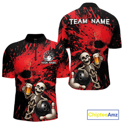 Red and black bowling shirt with skeleton design and 'Team Name' text, featuring Chiptee Amz branding.