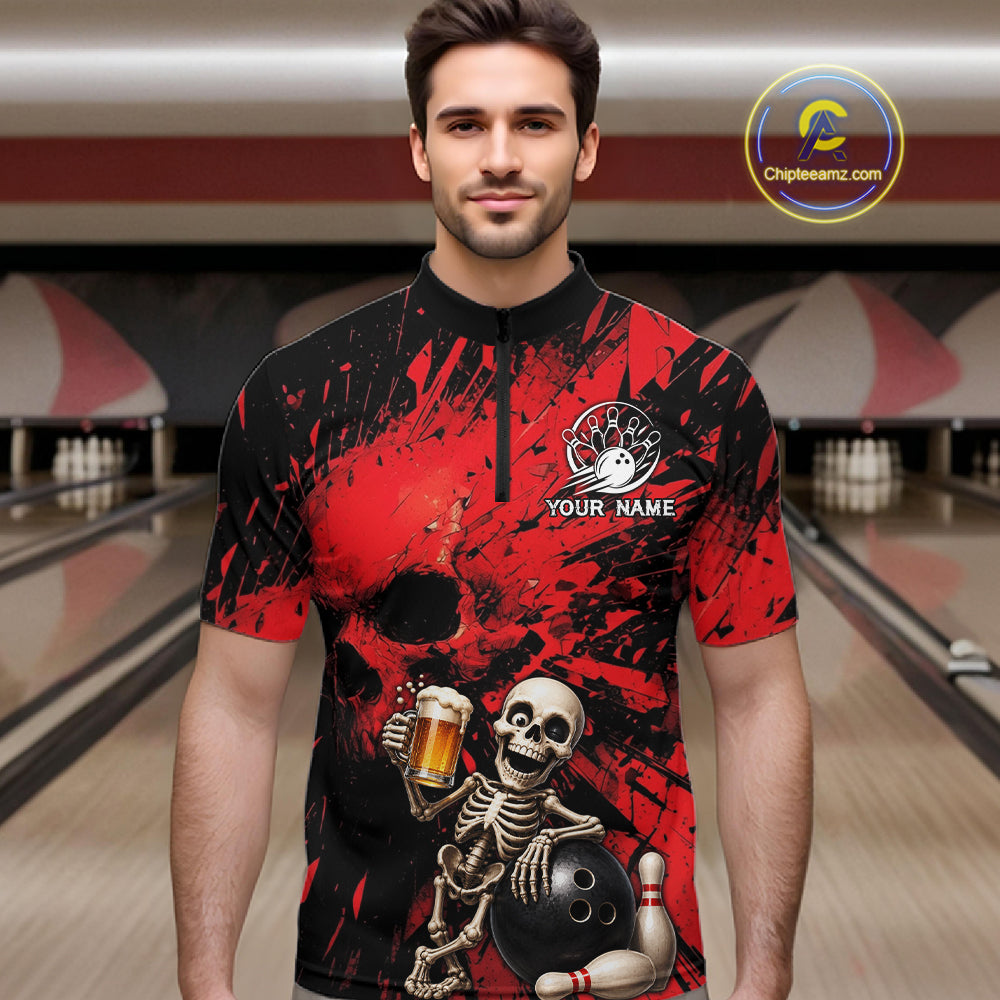 Man wearing a red and black bowling shirt with a skeleton design in a bowling alley.