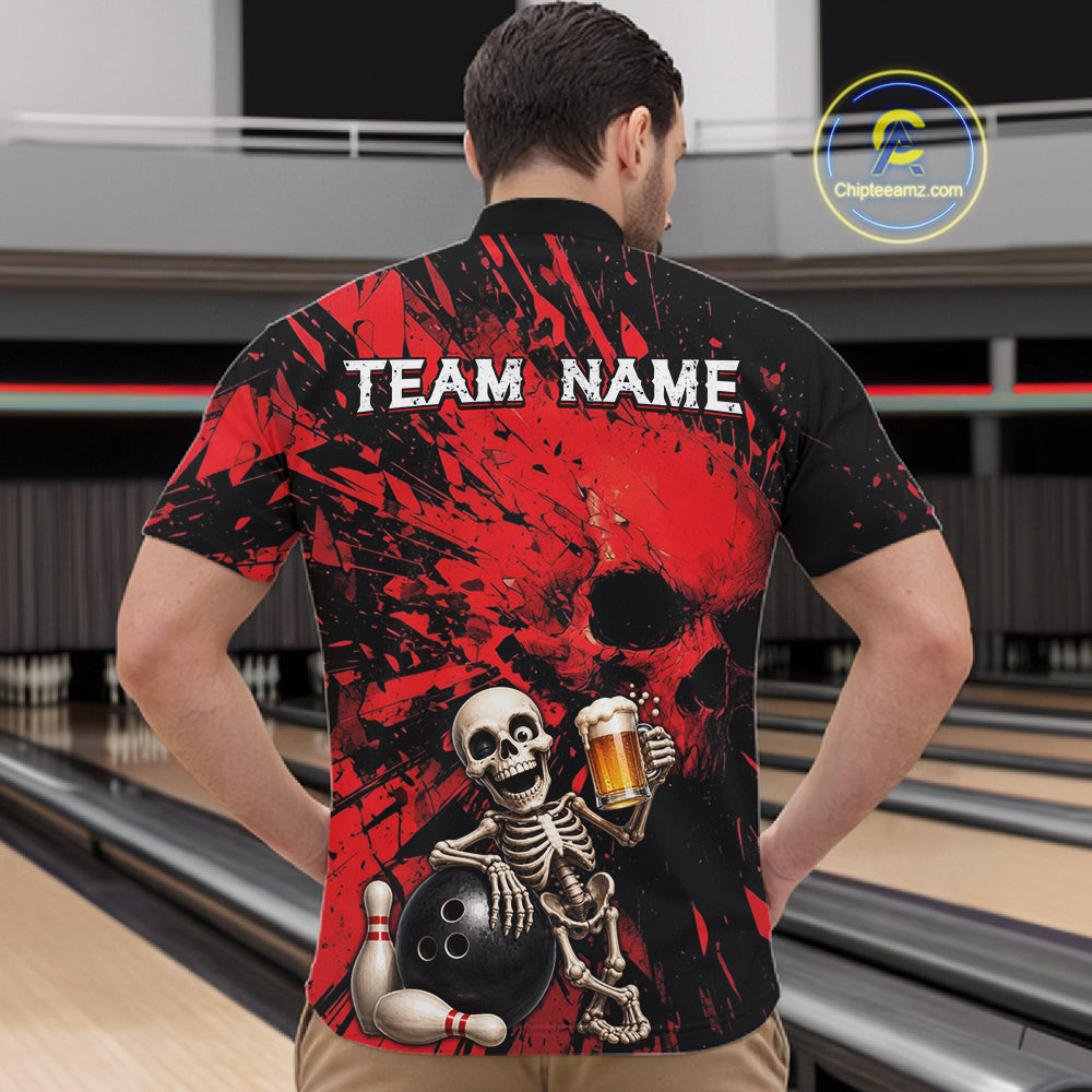 Person wearing a black and red bowling shirt with a skeleton design in a bowling alley.