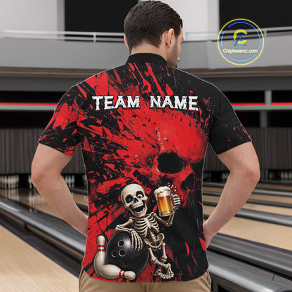 Person wearing a black and red bowling shirt with a skeleton design in a bowling alley.