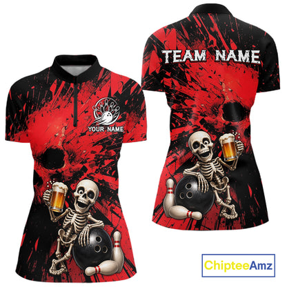 Red and black bowling-themed polo shirt with skeleton design, 'Team Name' text, and 'Chiptee Amz' branding.