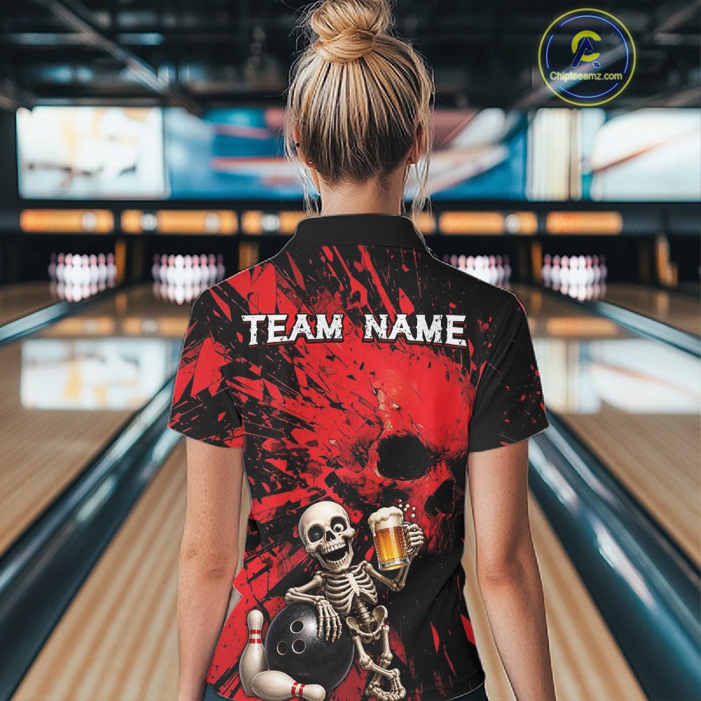 Person wearing a bowling shirt with a skeleton design in a bowling alley.