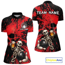 Load image into Gallery viewer, Red and black bowling-themed polo shirt with skeleton design, 'Team Name' text, and 'Chiptee Amz' branding.